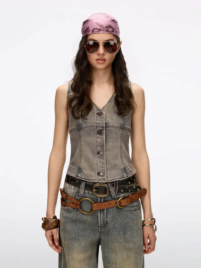 Miss Sixty Distressed denimvest blå cropped