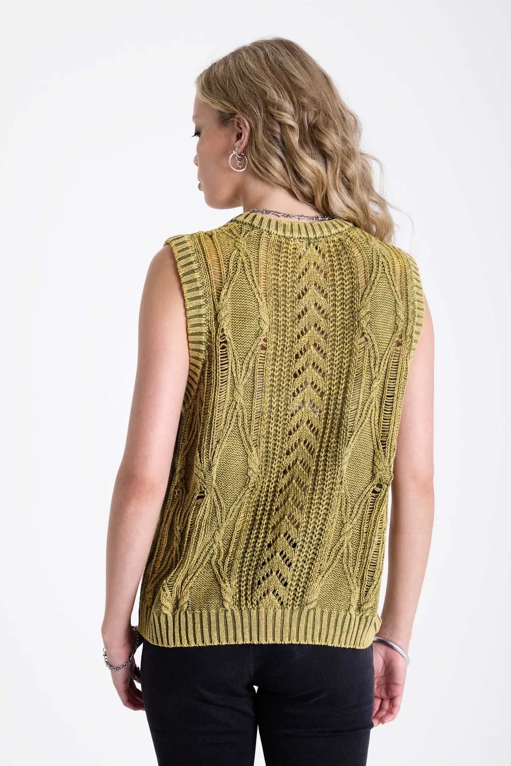 THE RAGGED PRIEST Sleaze Acid Wash Cable Knit strikvest oliven