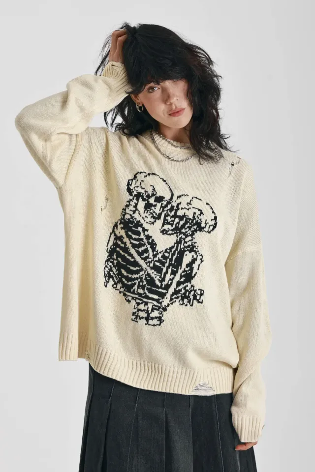 THE RAGGED PRIEST Everlasting Oversized Skeleton striktrøje creme