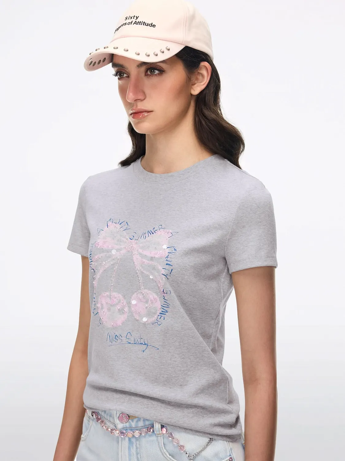 Miss Sixty t-shirt black med perler kirsebær og sløjfe