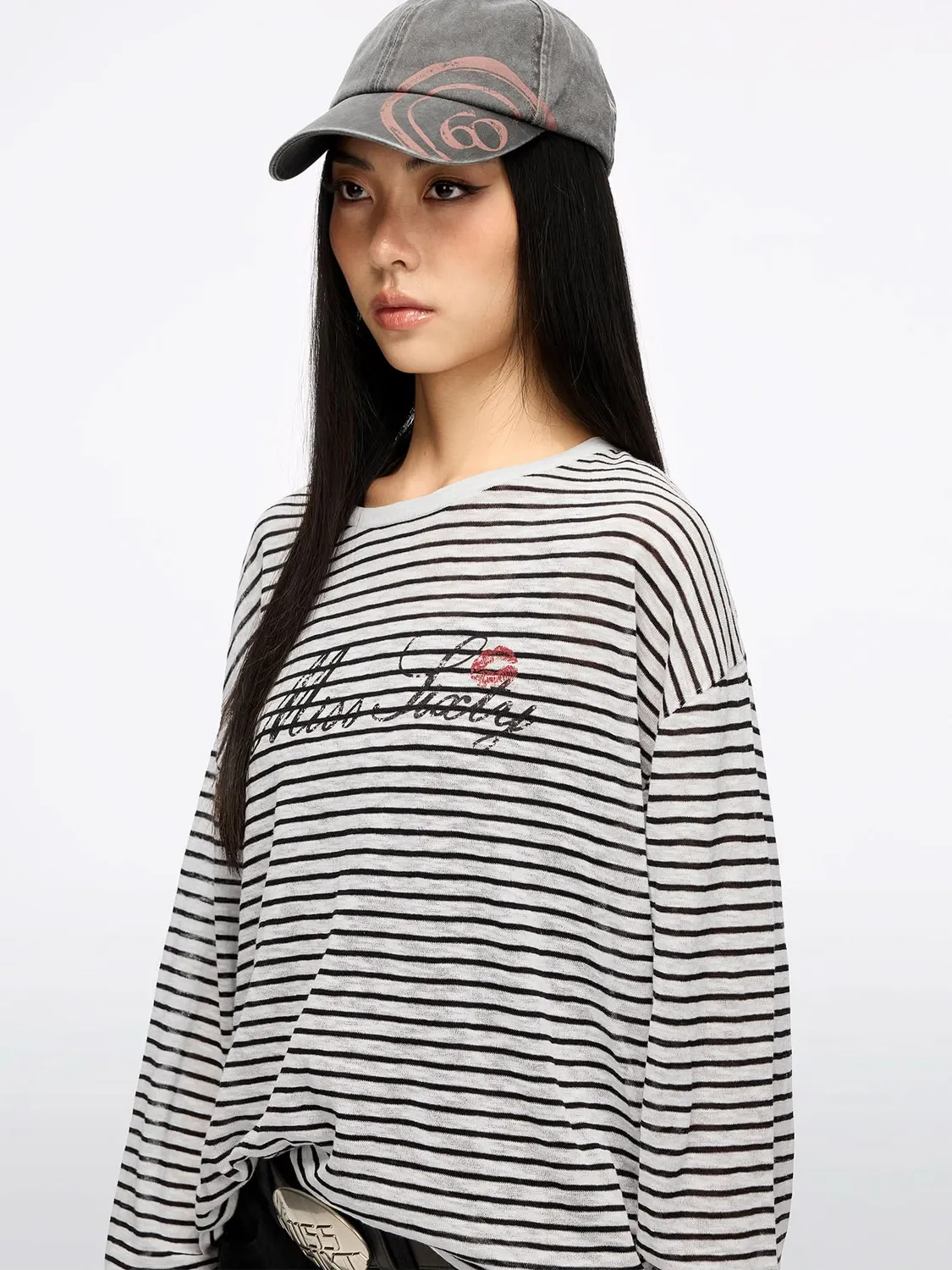 Miss Sixty Kiss Me Logo Knit strik top hvid/sort løs hørblanding