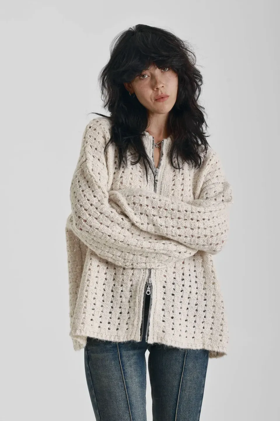 THE RAGGED PRIEST Folk oversized cardigan ecru med lynlås
