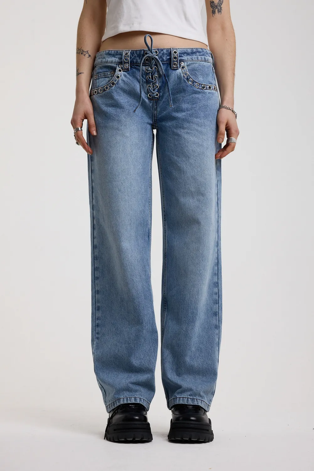 The Ragged Priest Twilight Lace Up baggy jeans blå snøring
