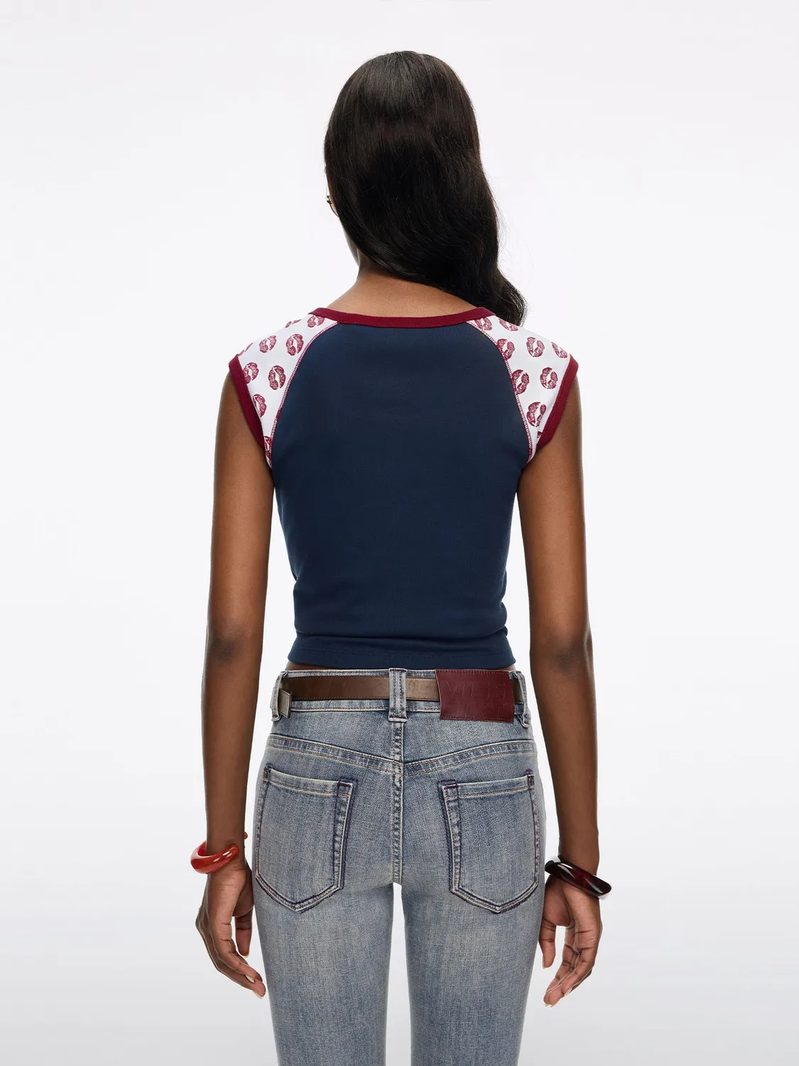 Miss Sixty cropped t-shirt navy læbeprint bomuld