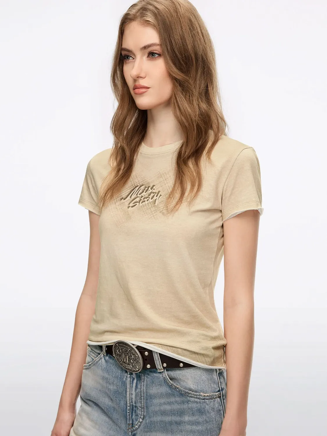 Miss Sixty Distressed Logo T-Shirt beige regular hør