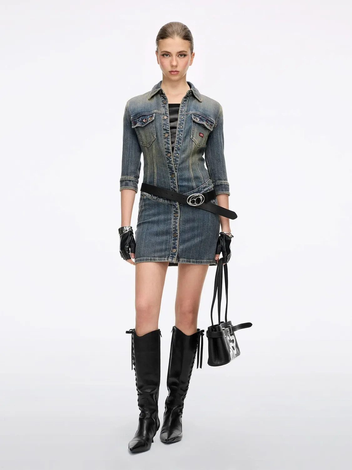 Miss Sixty Button-Front denimkjole vintage dark blue stretch