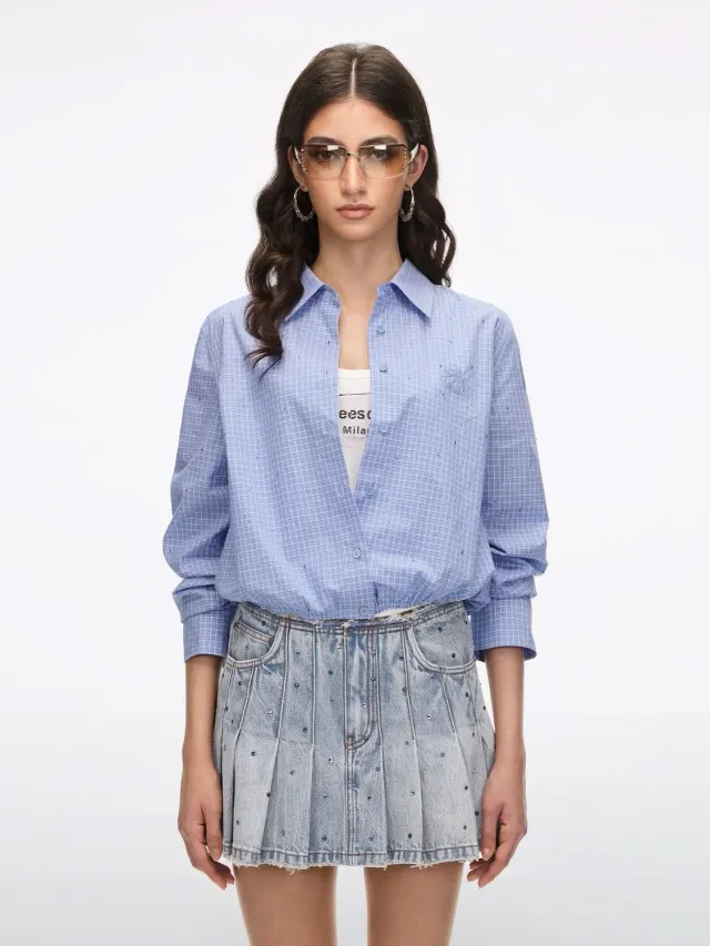 Miss Sixty Rhinestone Plaid Shirt skjorte blå