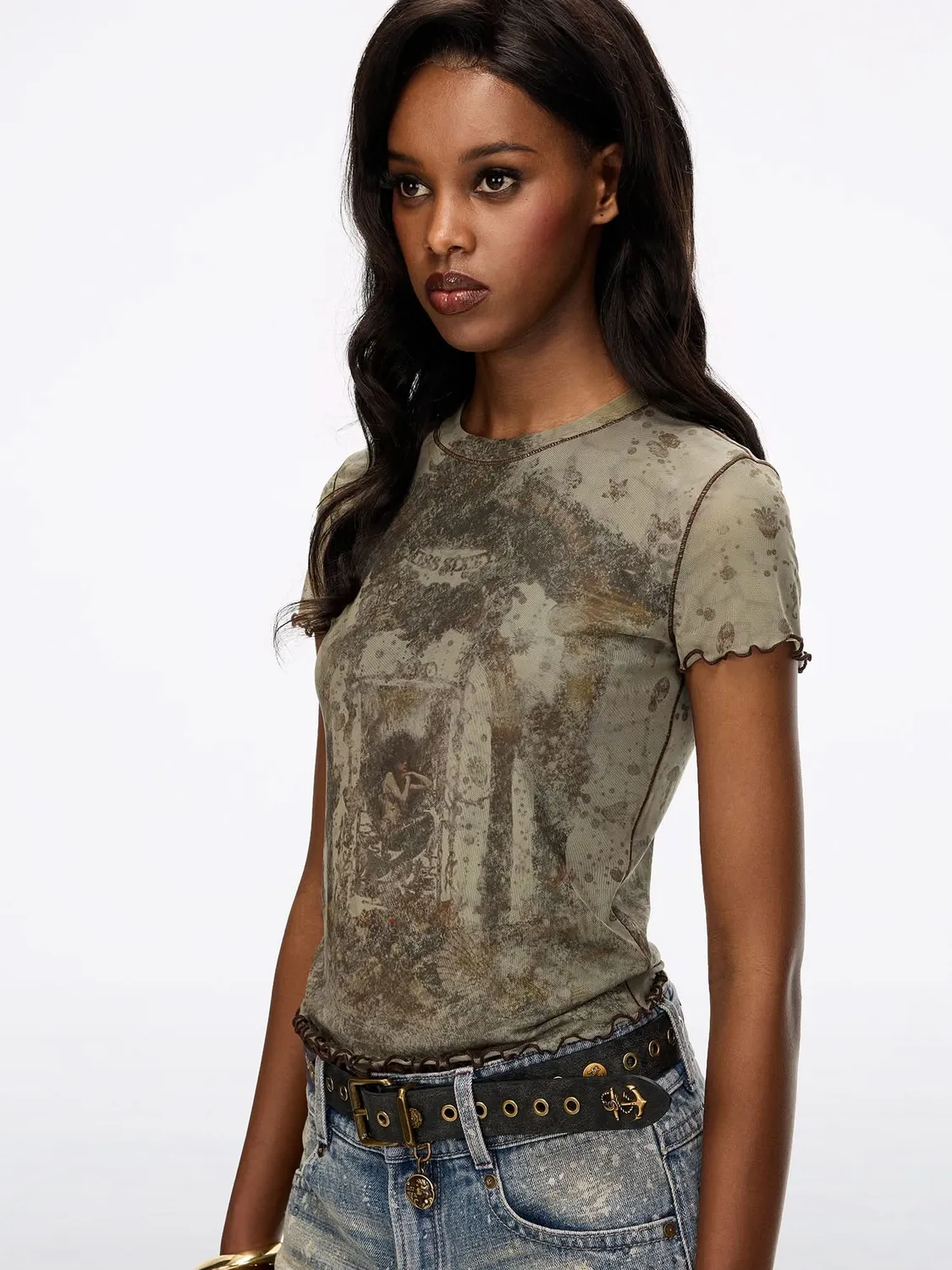 Miss Sixty Distressed Graphic T-shirt armygrøn mesh
