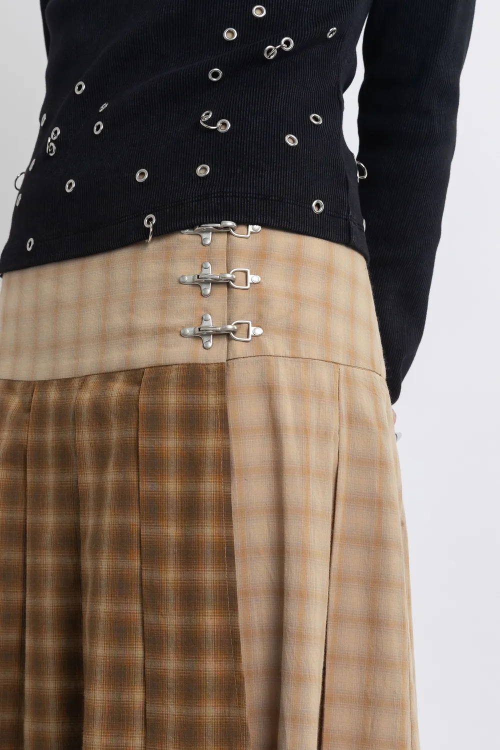 The Ragged Priest Pull Spliced Check Kilt midi nederdel beige